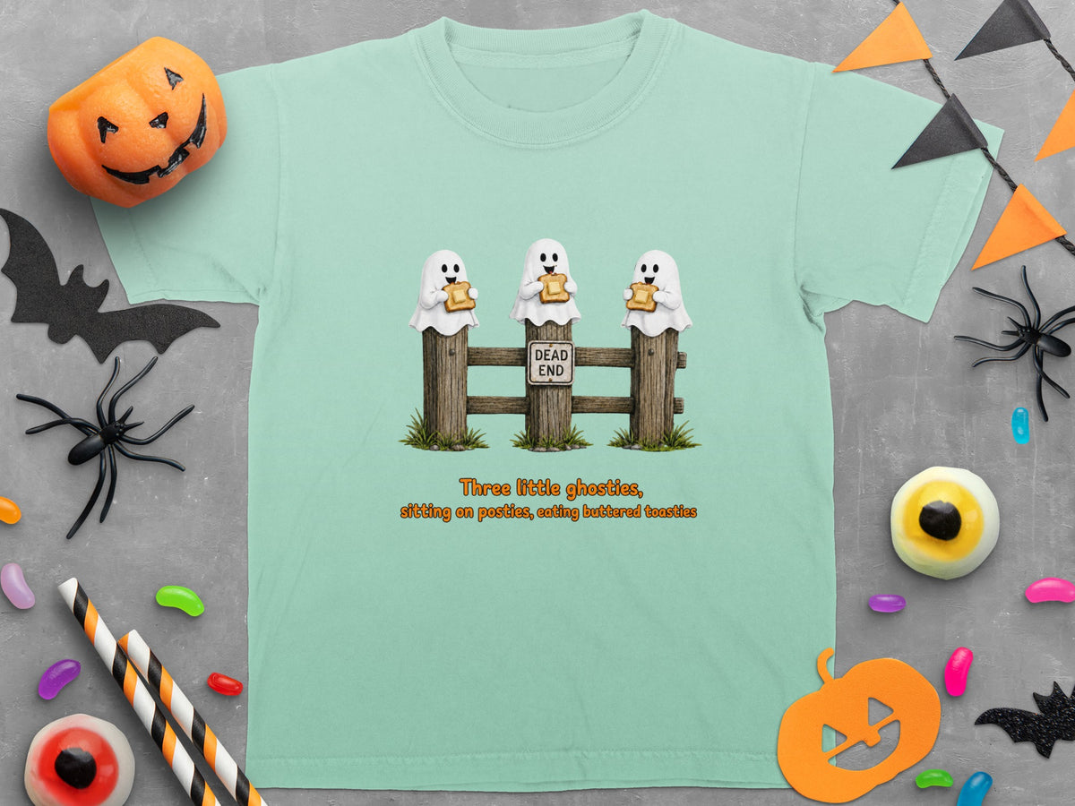 Three ghosts sit on posts eating toast, with "Dead End" sign.