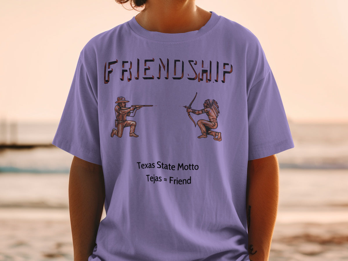 T-shirt with "Friendship" text, a cowboy with a rifle, and a Native American with a bow.
