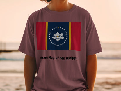 T-shirt with the Mississippi state flag and "State Flag of Mississippi" text.