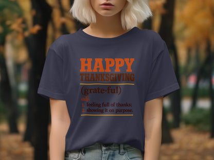 Navy t-shirt with "Happy Thanksgiving (grateful)" definition text.