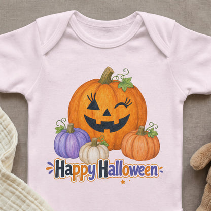 White baby onesie with watercolor pumpkins and "Happy Halloween" text.