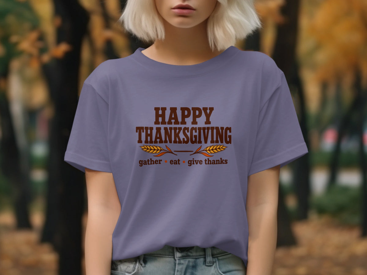 Purple t-shirt with "Happy Thanksgiving" and "gather eat give thanks" text.