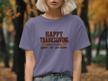 Purple t-shirt with "Happy Thanksgiving" and "gather eat give thanks" text.