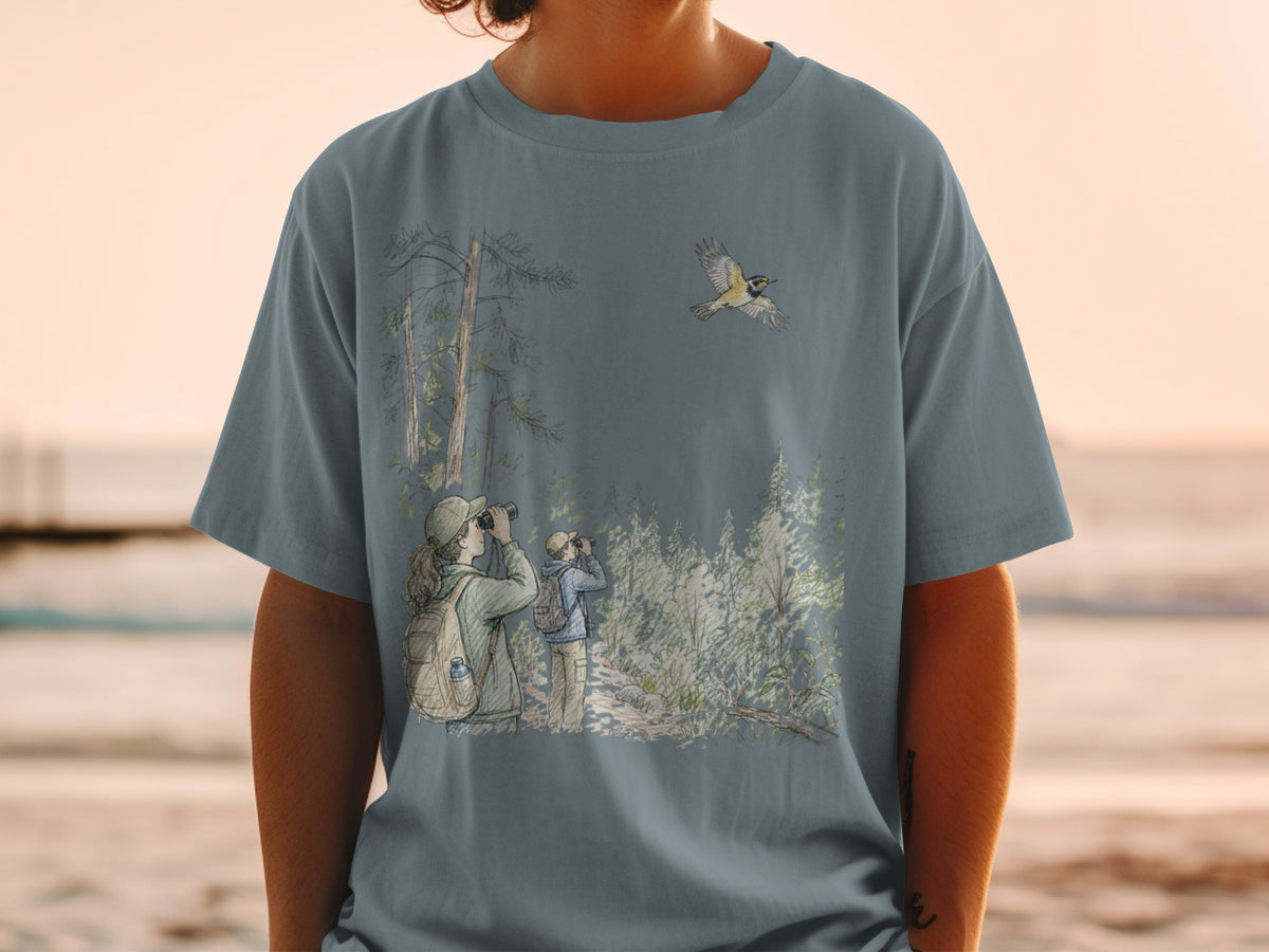 Illustration of birdwatchers in a forest with a bird flying overhead.