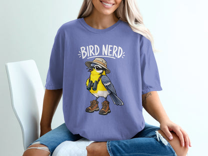 Purple t-shirt with cartoon bird, binoculars, hat, boots, and text "Bird Nerd".