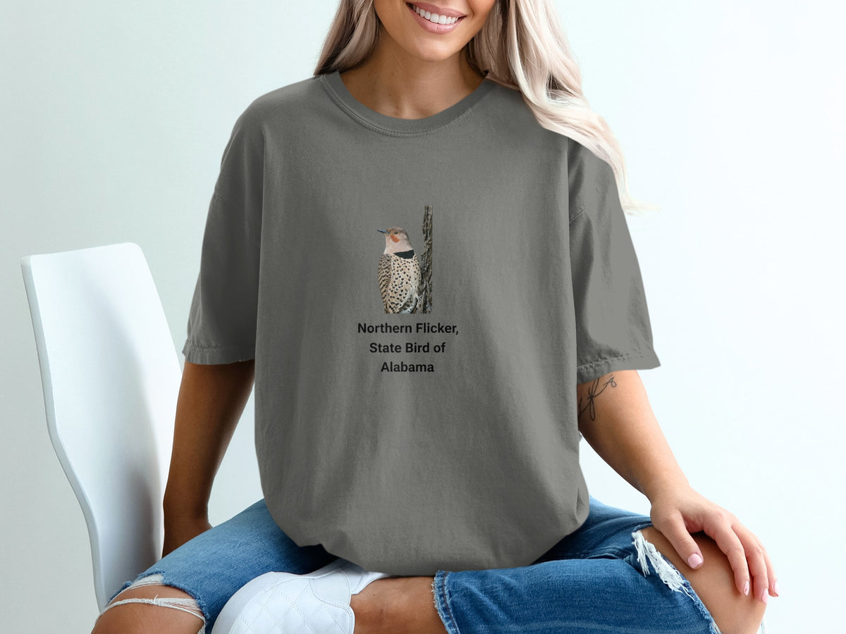 Gray t-shirt with Northern Flicker, State Bird of Alabama graphic.