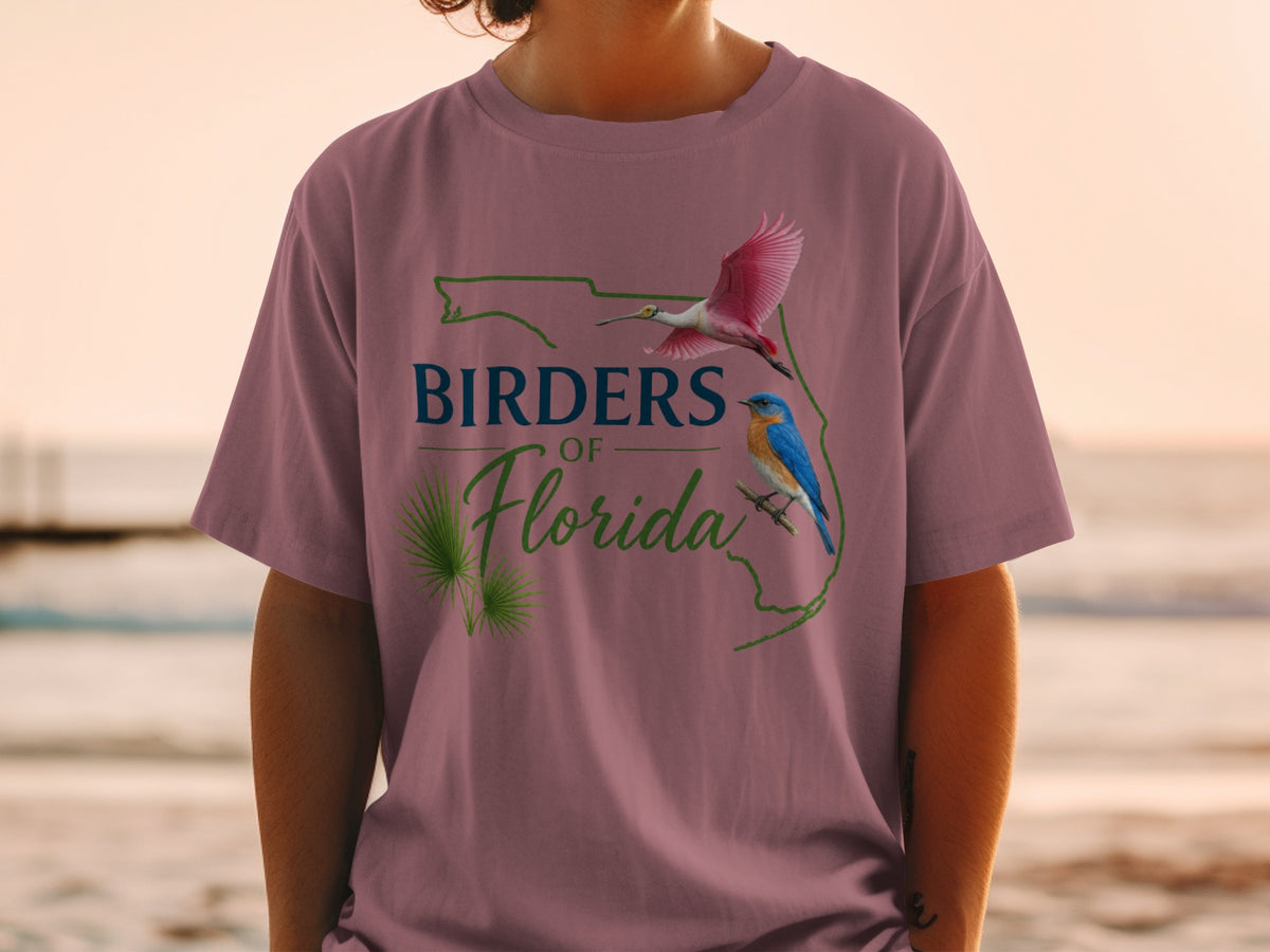 Birders of Florida t-shirt with roseate spoonbill and bluebird illustrations.