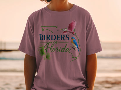Birders of Florida t-shirt with roseate spoonbill and bluebird illustrations.
