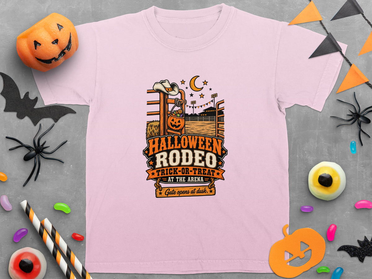 Pink t-shirt with Halloween Rodeo Trick-or-Treat graphic and text.