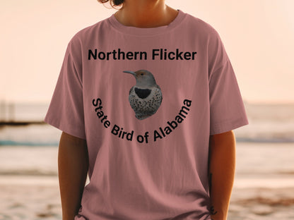 Northern Flicker State Bird of Alabama graphic on a pink t-shirt.