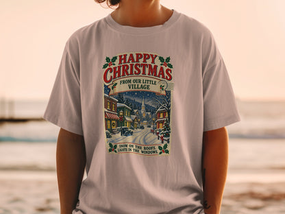 Happy Christmas from Our Little Village t-shirt with snowy village scene.