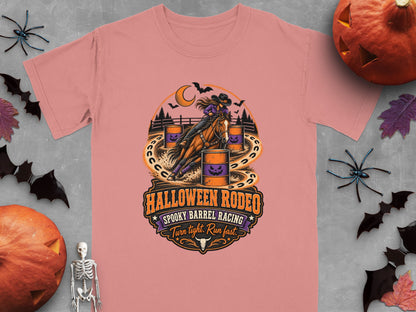 Halloween Rodeo graphic on pink t-shirt with barrel racing, bats, and pumpkins.