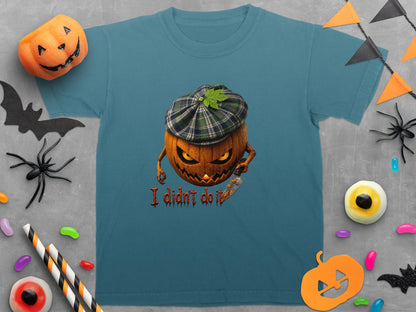 T-shirt with a Halloween graphic of a pumpkin in a plaid hat holding a knife with text "I didn't do it".