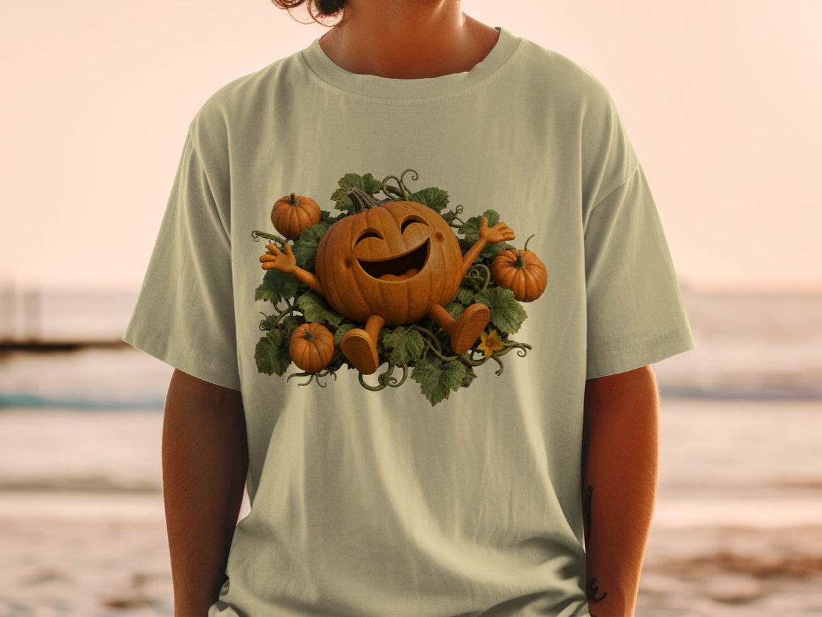 T-shirt with a smiling cartoon pumpkin surrounded by leaves and smaller pumpkins.