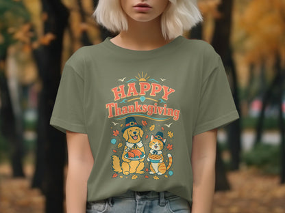 Dog and cat with turkey and pie on olive t-shirt with "Happy Thanksgiving" text.