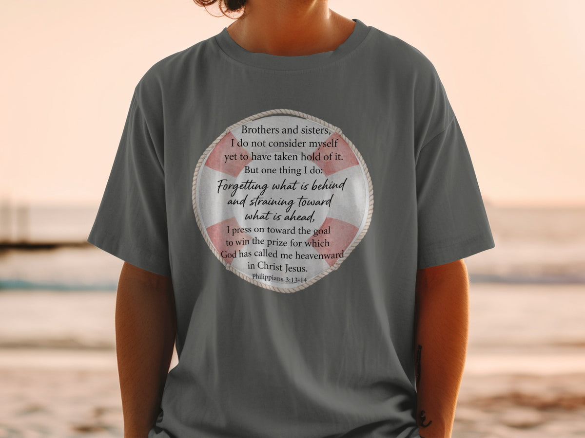 Gray t-shirt with Bible verse "Forgetting what is behind and straining toward what is ahead."