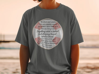 Gray t-shirt with Bible verse "Forgetting what is behind and straining toward what is ahead."