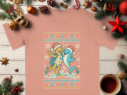 Turtle and dolphin wearing Santa hats with a winter sea themed pattern.