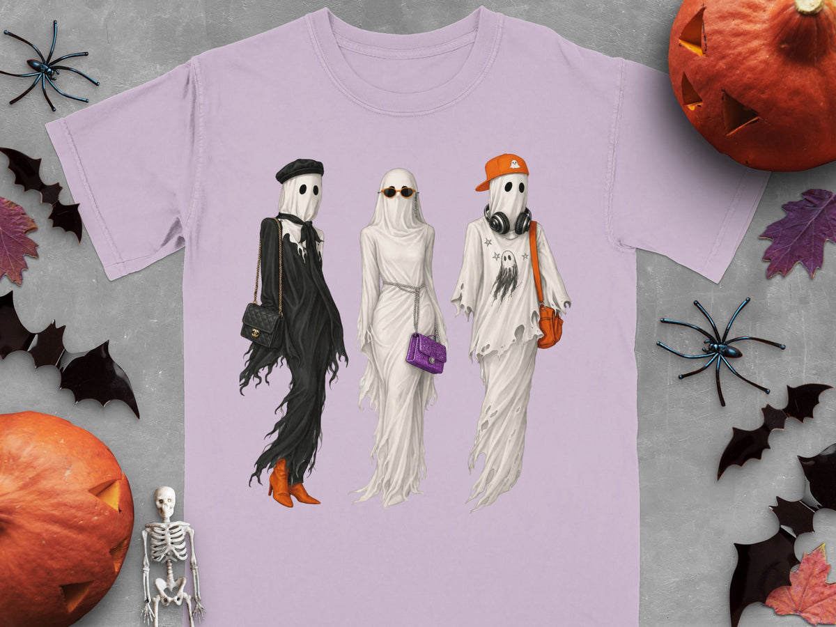 Three fashionable ghosts in black, white, and torn white outfits with accessories.