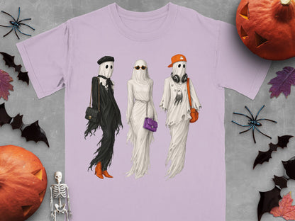 Three fashionable ghosts in black, white, and torn white outfits with accessories.