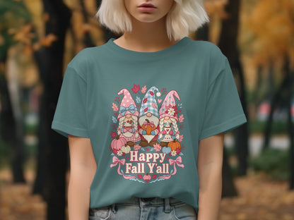 Three gnomes with pumpkins and leaves, "Happy Fall Y'all" text on t-shirt.