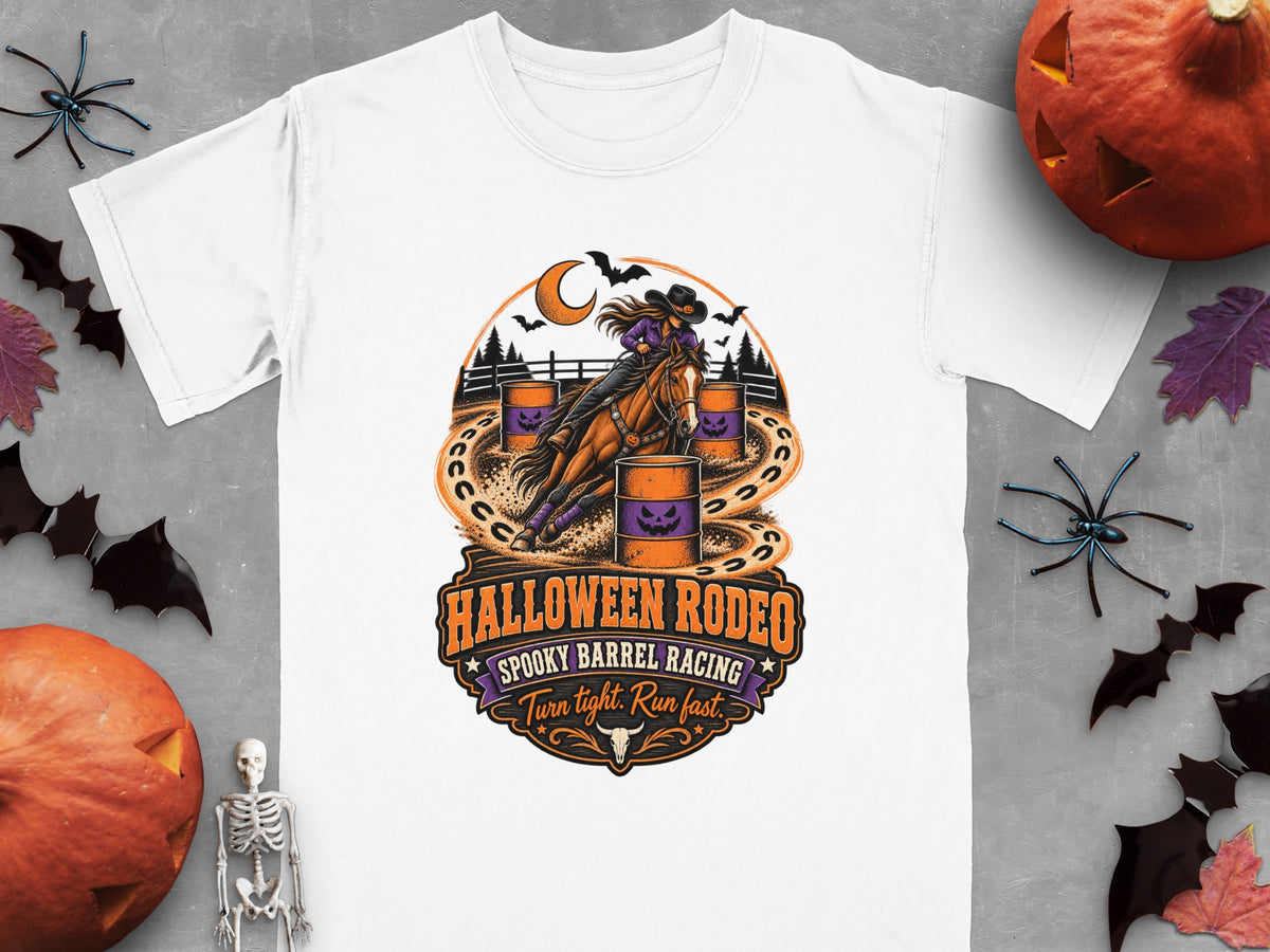 White t-shirt with Halloween Rodeo spooky barrel racing graphic.