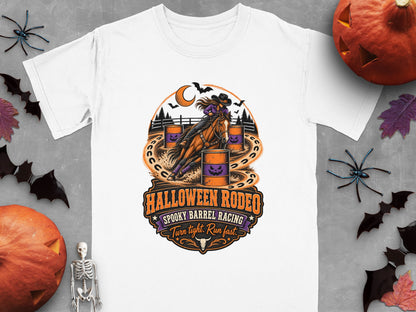 White t-shirt with Halloween Rodeo spooky barrel racing graphic.
