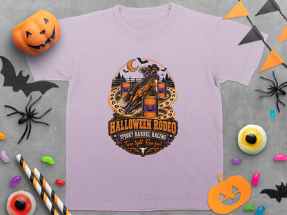 Graphic of a cowgirl on a horse in a barrel race with Halloween decorations and text.