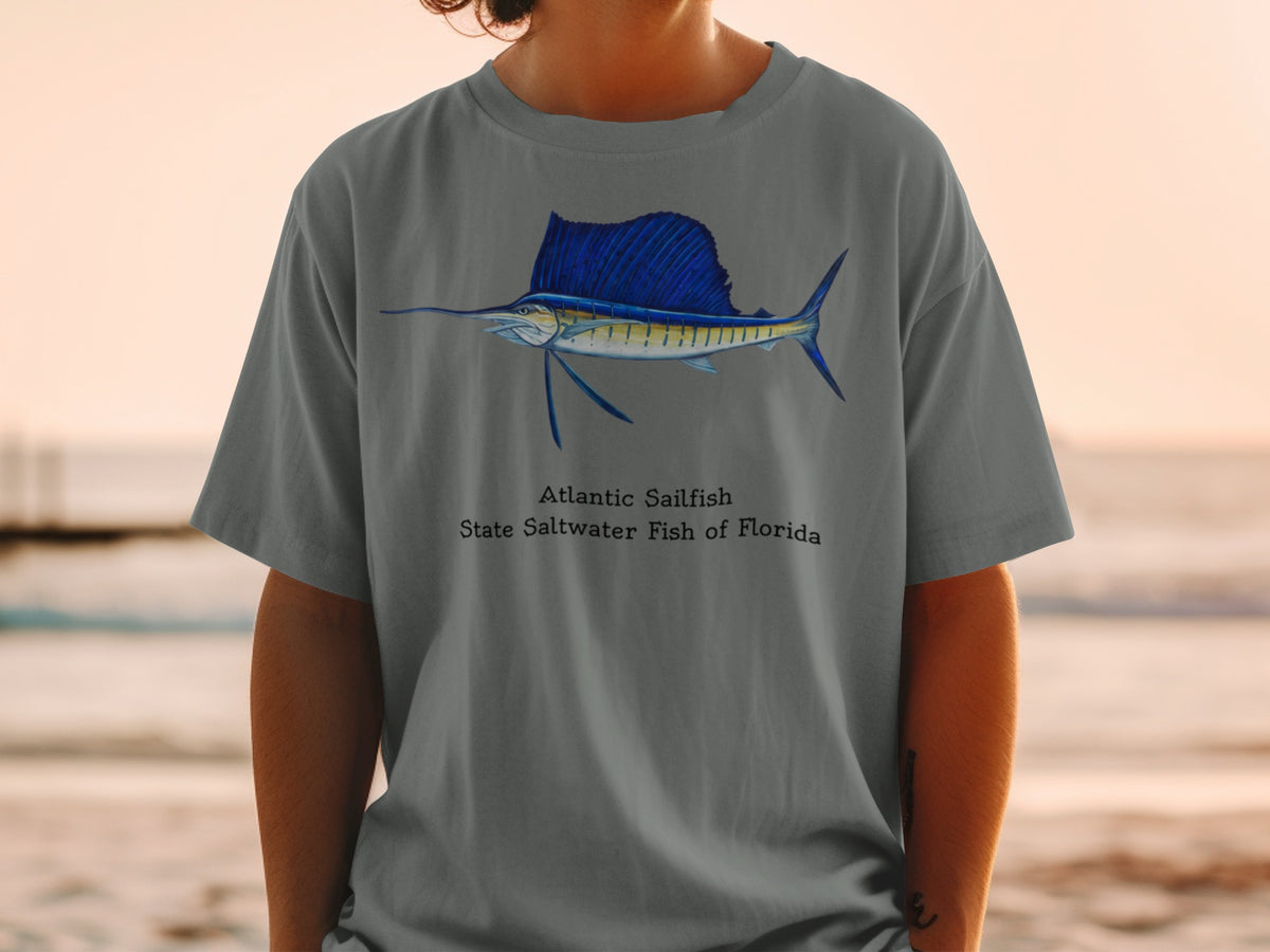 Atlantic Sailfish, State Saltwater Fish of Florida graphic on a gray t-shirt.