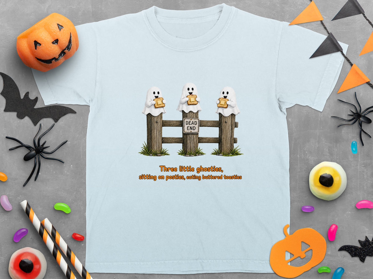 Three ghosts sit on a fence eating toast, with "Dead End" sign.
