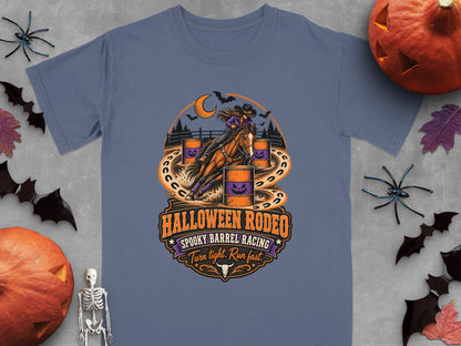 Halloween Rodeo Spooky Barrel Racing graphic with a cowgirl on a horse.