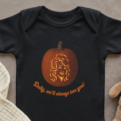 Black bodysuit with a jack-o'-lantern featuring Dolly Parton's face and text.
