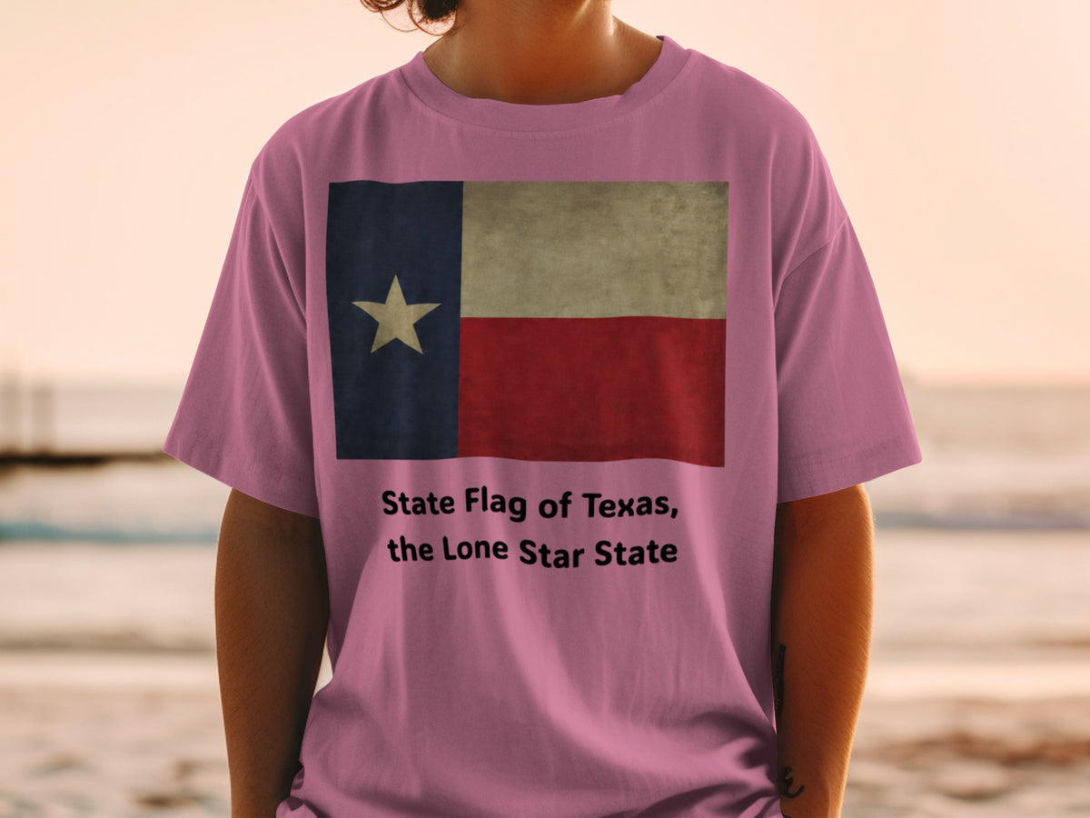 Pink t-shirt with vintage Texas flag and text "State Flag of Texas, the Lone Star State".