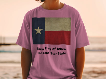 Pink t-shirt with vintage Texas flag and text "State Flag of Texas, the Lone Star State".