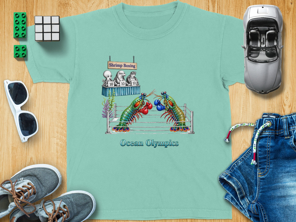 Two mantis shrimp box in a ring with the text "Shrimp Boxing" and "Ocean Olympics".