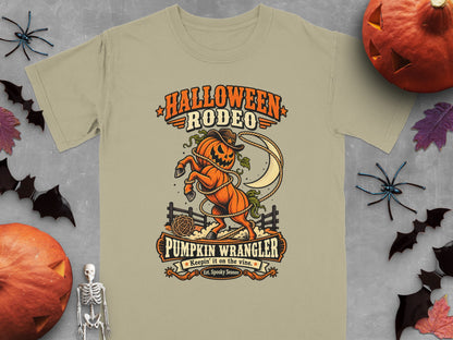 Halloween Rodeo Pumpkin Wrangler t-shirt with jack-o'-lantern horse and moon.
