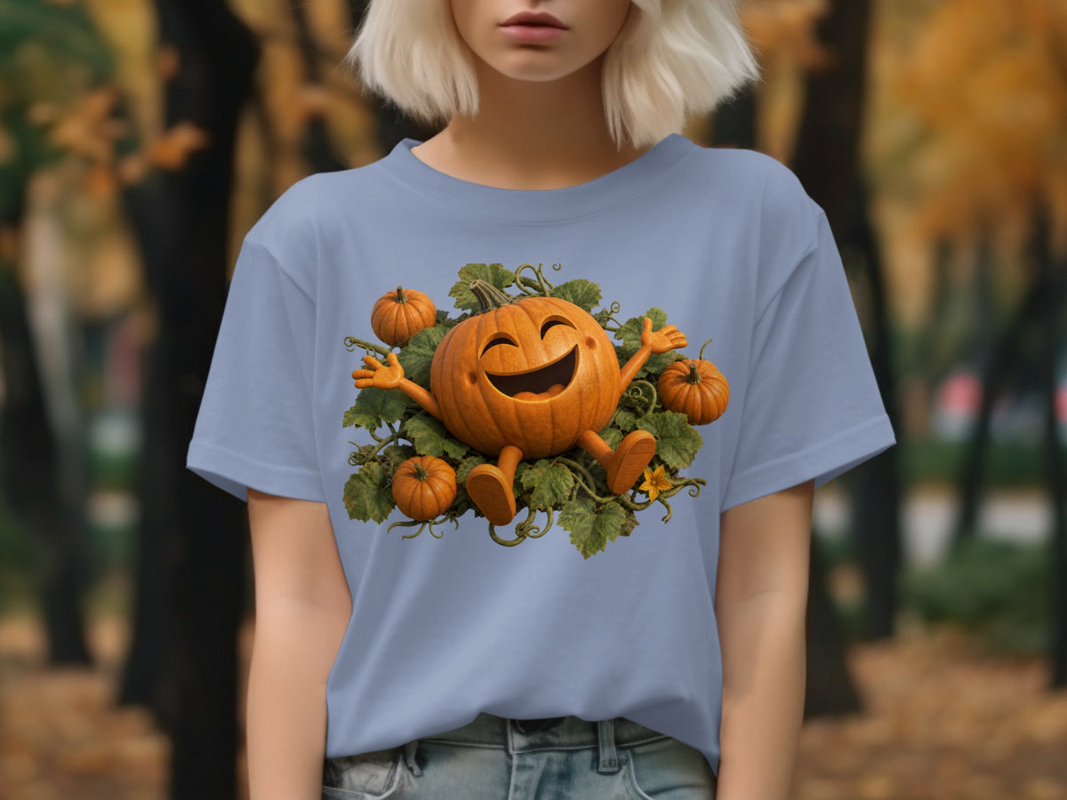 T-shirt with a smiling pumpkin character surrounded by vines and smaller pumpkins.