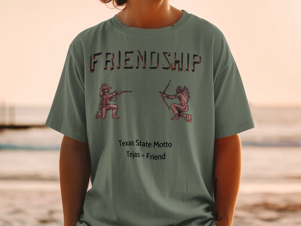 T-shirt with "FRIENDSHIP" text, cowboy and Native American figures, and Texas motto.