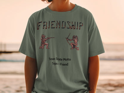 T-shirt with "FRIENDSHIP" text, cowboy and Native American figures, and Texas motto.