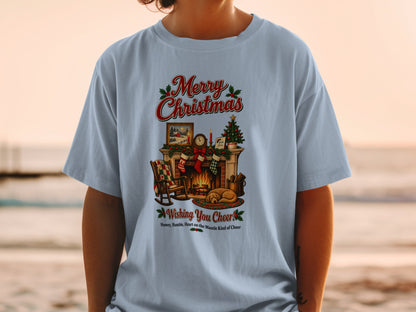 T-shirt graphic with "Merry Christmas" and a cozy fireplace scene.