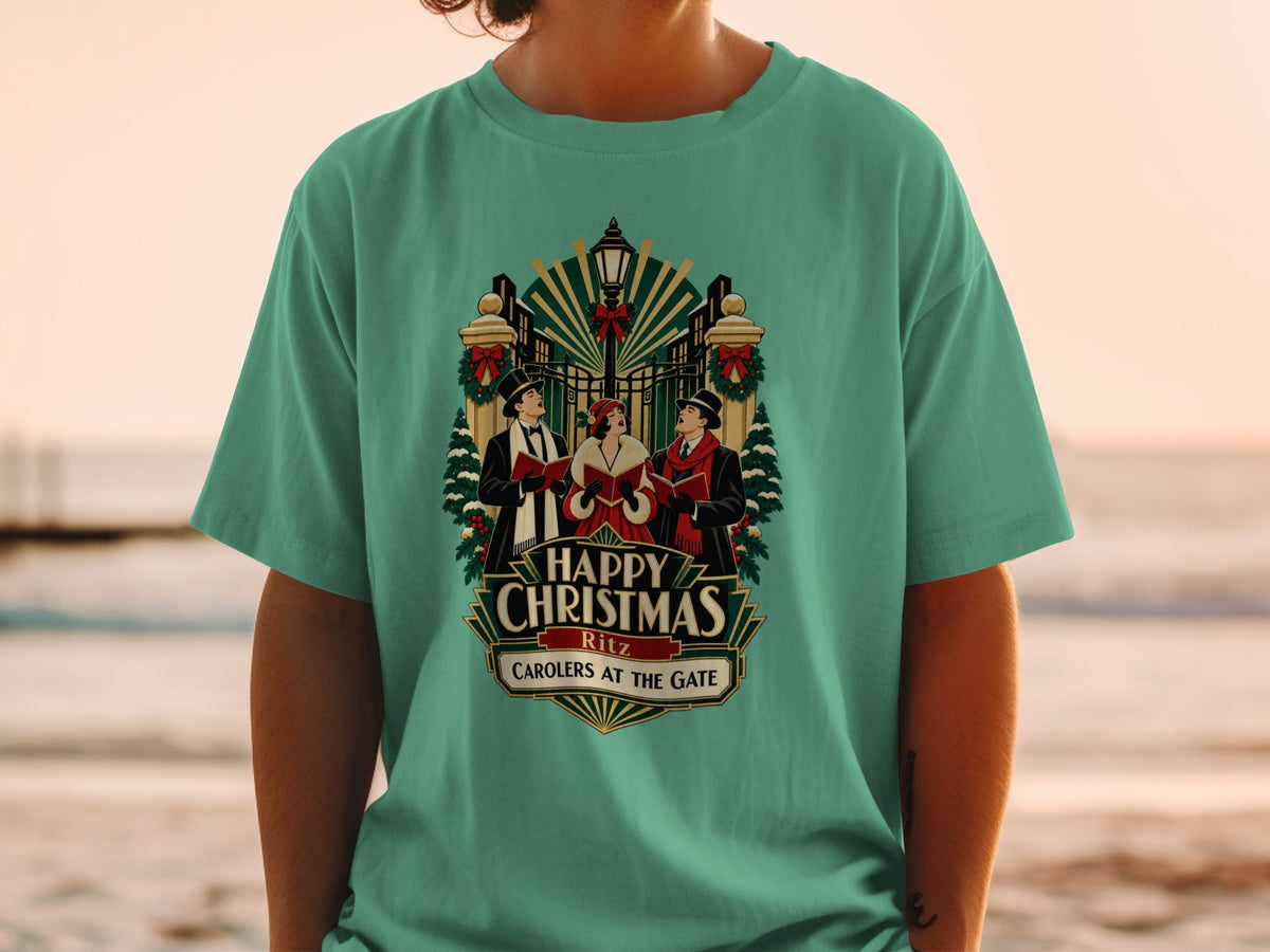 Christmas carolers at a gate, with text "Happy Christmas Ritz Carolers at the Gate".
