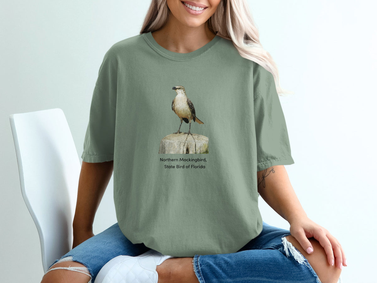 T-shirt with illustration of Northern Mockingbird, State Bird of Florida.