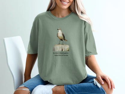 T-shirt with illustration of Northern Mockingbird, State Bird of Florida.