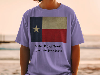 Texas flag graphic and text: State Flag of Texas, the Lone Star State.