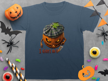 Pumpkin character with knife and text "I didn't do it" on t-shirt.