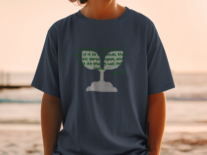 Dark t-shirt with green text and an illustration of a sprout emerging from a cloud.