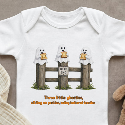 Three cartoon ghosts sitting on fence posts, eating buttered toasties.