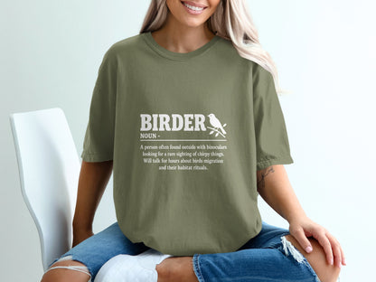 Olive green t-shirt with "Birder" definition and bird graphic.