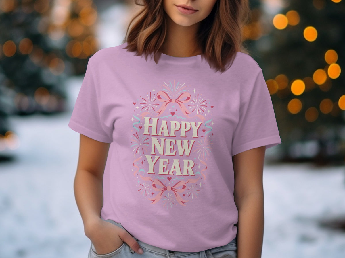 Pink t-shirt with "Happy New Year" text, bows, and fireworks design.