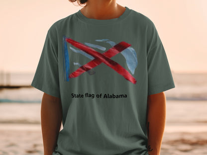 Alabama state flag graphic on a dark green t-shirt.